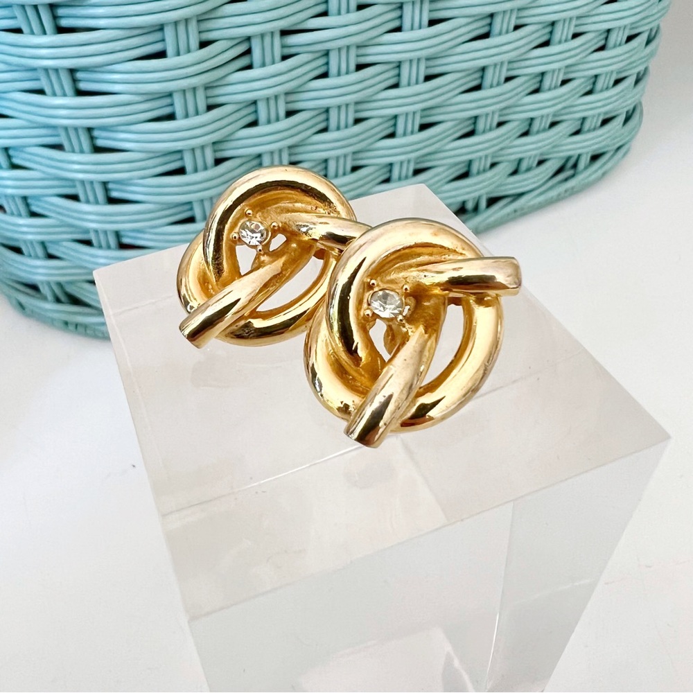 Vintage Gold Tone Love Knot Stud Earrings with Crystal Accent